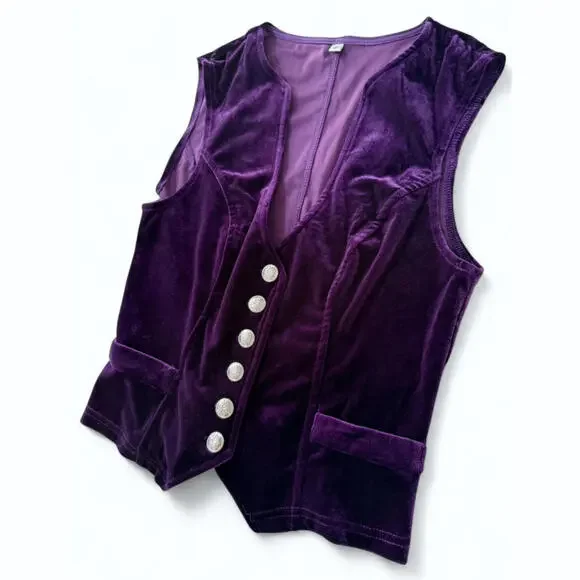 STUNNING! NEW Vintage Y2K Retro S-XL Velvet Rich Purple Boho Button-Up Vest Top - Picture 6 of 9
